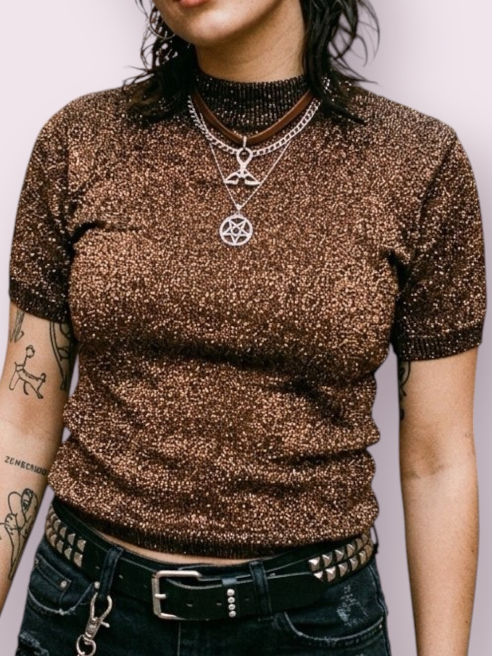 Vintage 90 Short Sleeve Bronze Sparkly Mock Neck Sweater Small Norton McNaughton